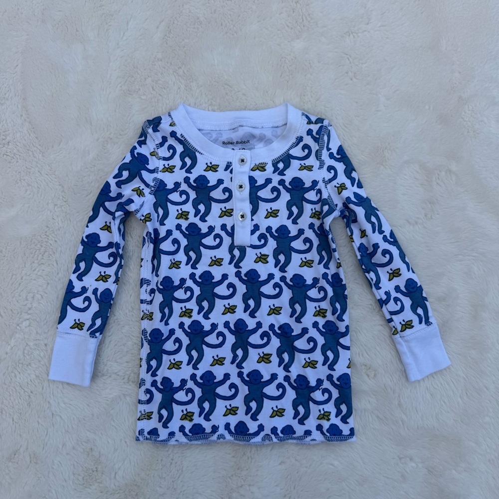 Roberta Roller Rabbit Pajama Top Size 12-18 Months Blue Monkey Print Long Sleeve